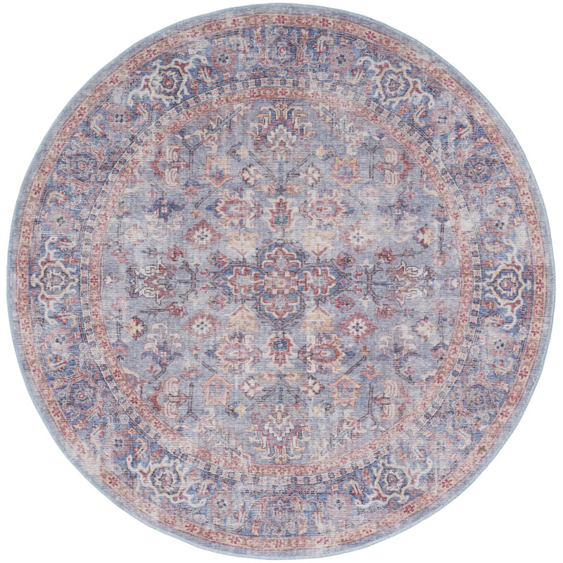 Machine Washable Oriental Blue/Red Area Rug, Round 7'10"