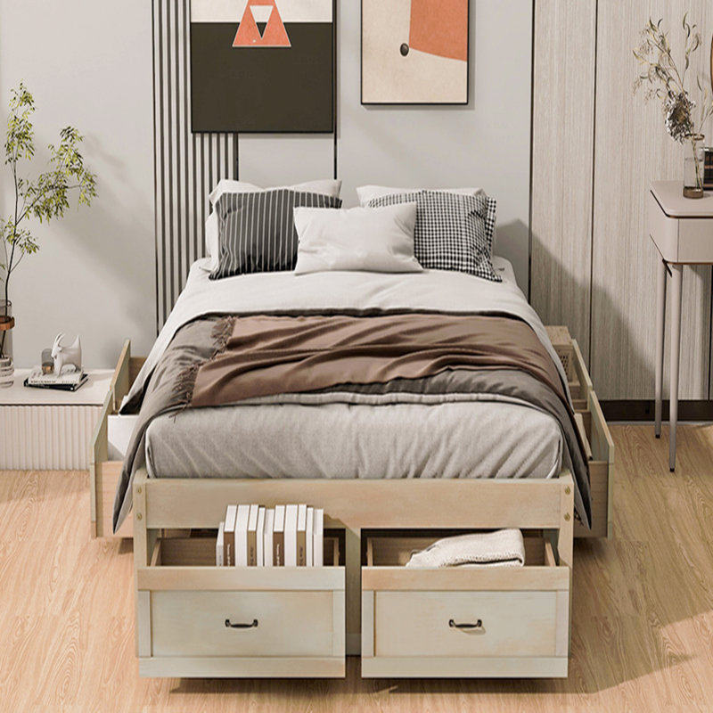 Queen Size Platform Bed, With 6 Storage Drawers, Brown, Queen