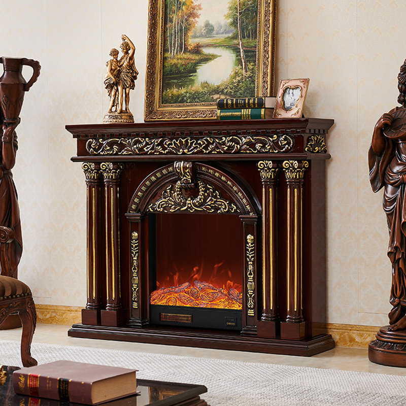 Meuble télé avec foyer électrique français sculpté, Brun-roux
