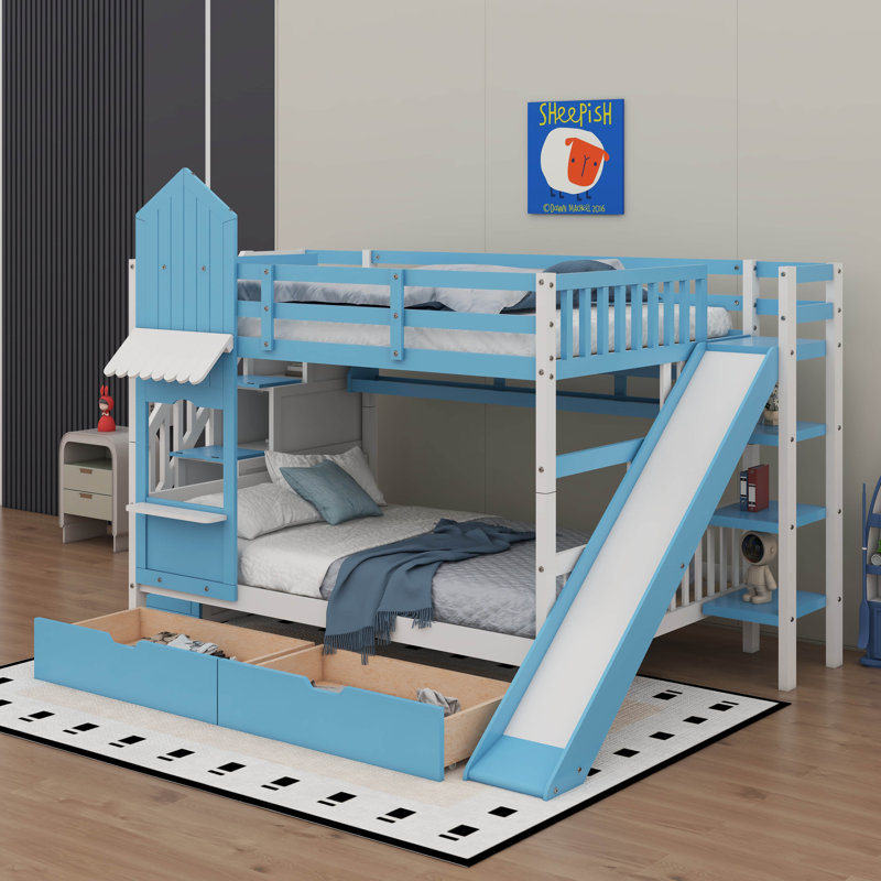 Lit superposé double au-dessus de double, lit superposé de style château avec 2 tiroirs et 3 tablettes, lit superposé en bois massif avec glissière et escalier de rangement