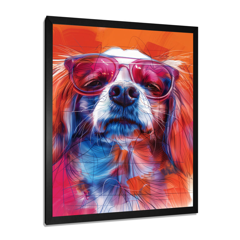 Rose et blanc, lunettes de soleil et Border Collie, Cadre simple noir, H 34 po x l 44 po x P 1,5 po