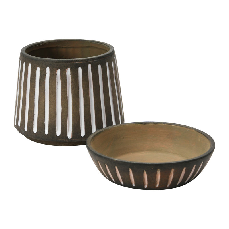 Hand-Painted Terra-cotta Planter with Saucer & Debossed Lines