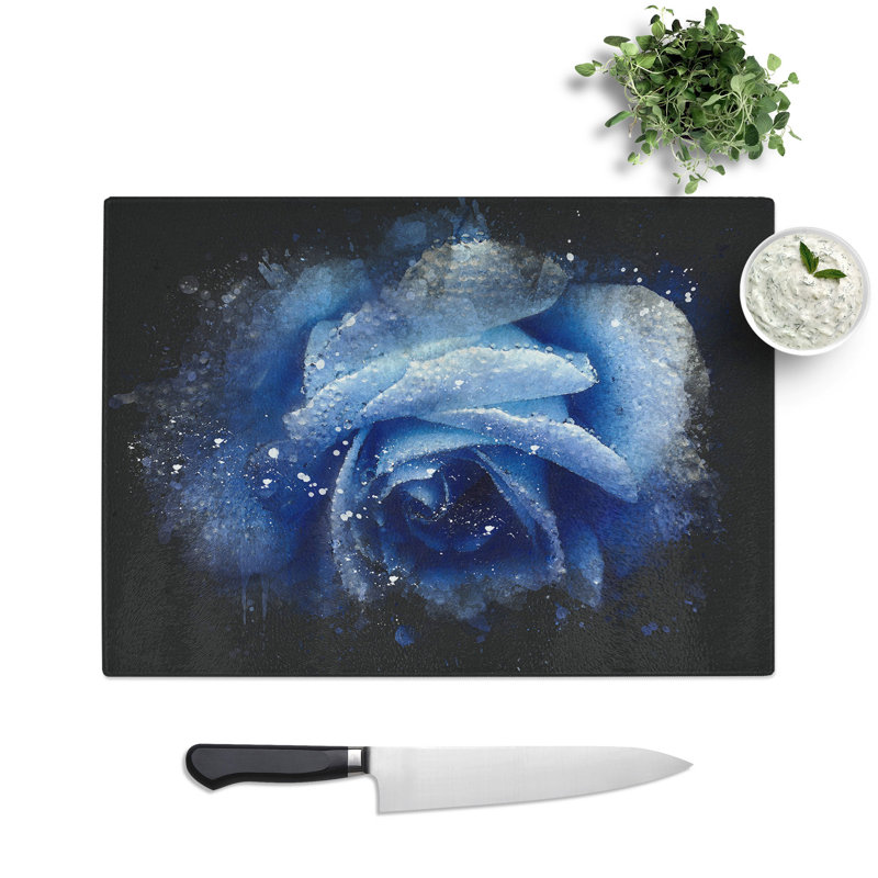 Tempered Glass Blue Rose Chopping Board, 20 cm x 28.5 cm