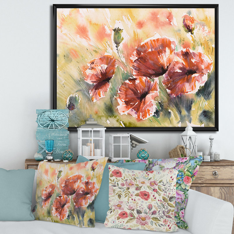 Coquelicot rouge sur un champ - peinture sur toile, Toile encadrée noire, H 24 po x l 32 po x P 1 po