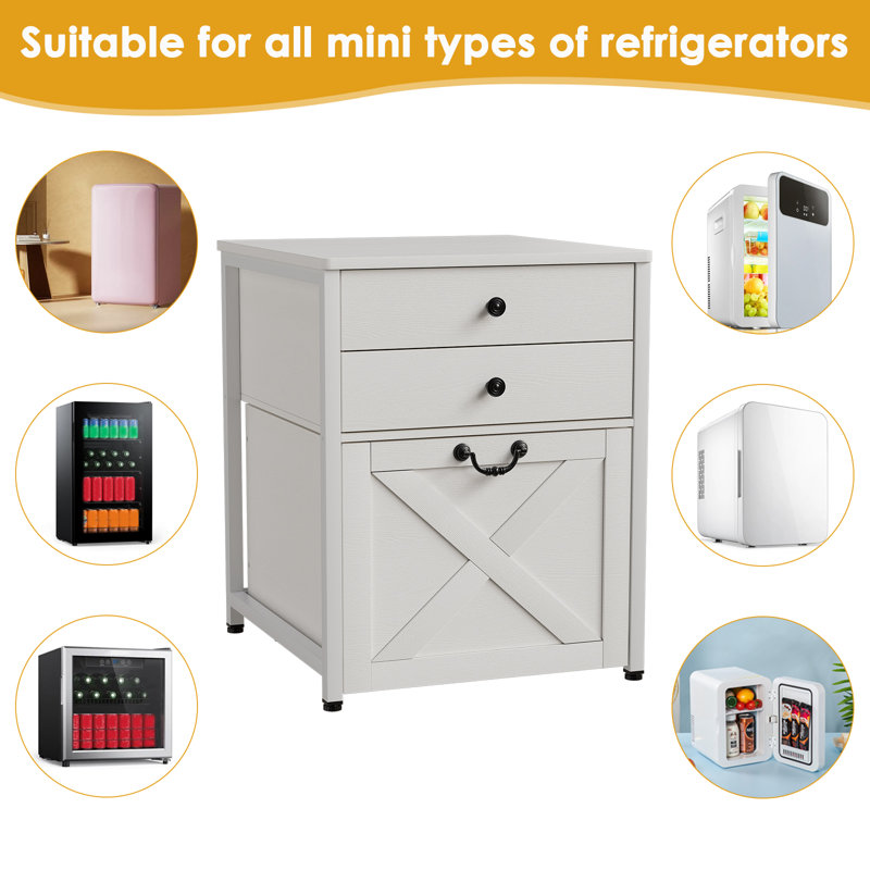 Farmhouse Mini Fridge Stand With Storage,heavy Duty Fridge Cart,mini Fridge Cabinet With Rolling Cabinet