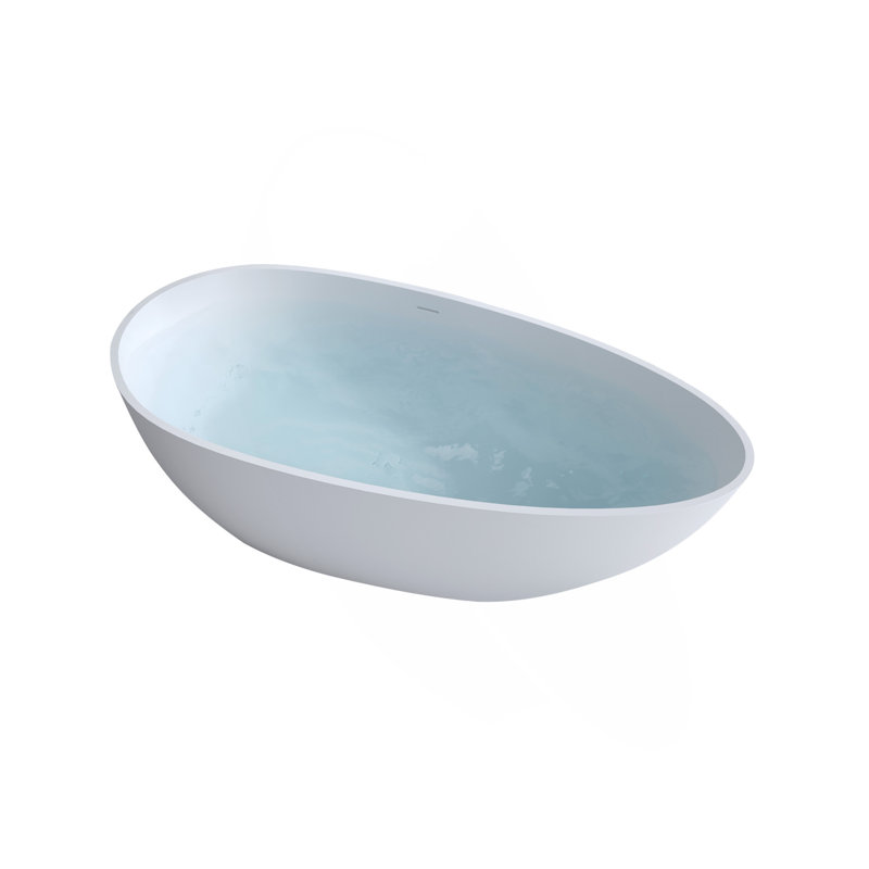 Baignoire autoportante de 59 po à surface solide matte, baignoire autoportante en pierre de résine à surface solide blanc mat avec trop-plein et bonde escamotable, blanc mat
