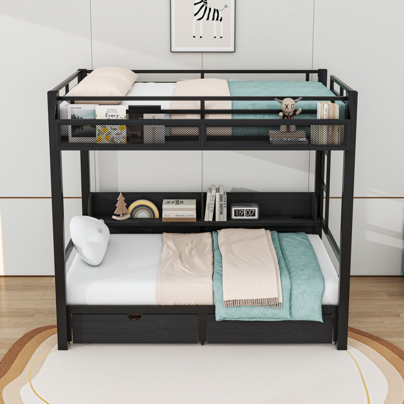 Lit superposé en métal avec tablettes intégrées, ports DEL et USB et 2 tiroirs, Double sur double, Noir