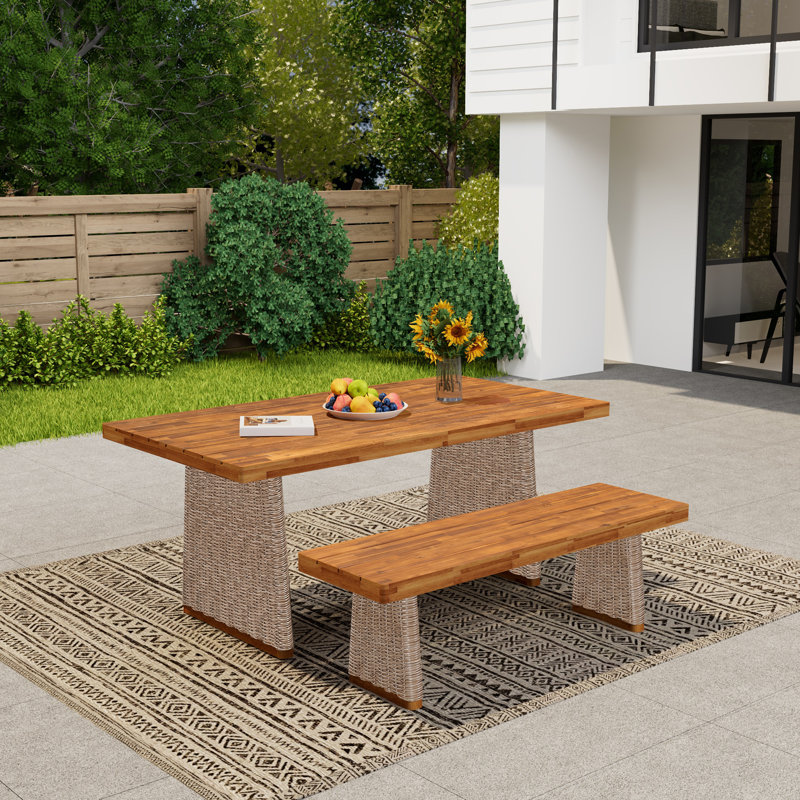 Ensemble de table de salle à manger d'extérieur en bois d'acacia avec 1 table et 1 banc, Brun / teck