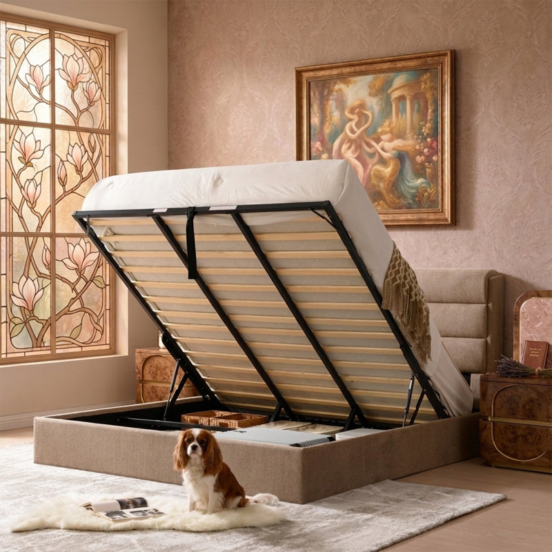 Lit plateforme tapissier avec rangement relevable, Très grand, Marron clair