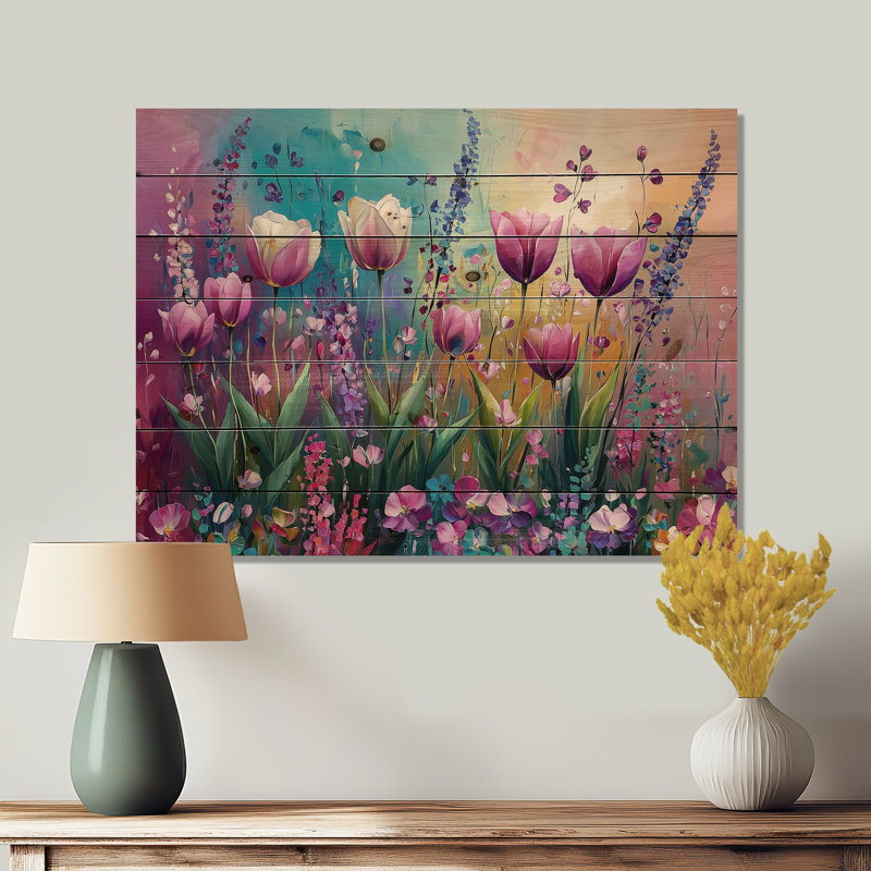 Fantaisie lavande et champ de tulipes II - décoration murale en bois de tulipes - sur bois de pin naturel