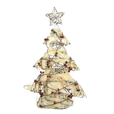 22" Red and Beige Pre-Lit Burlap and Berry Rattan Christmas Tree Outdoor Decoration