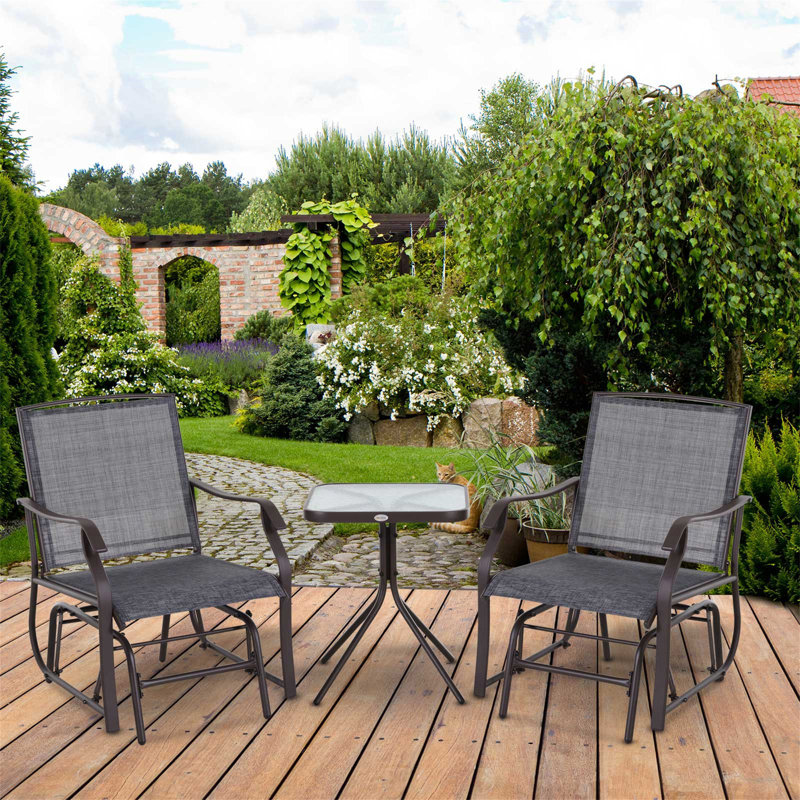 3-Piece Outdoor Glider Set With Glass Coffee Table And Breathable Sling Seating, Black