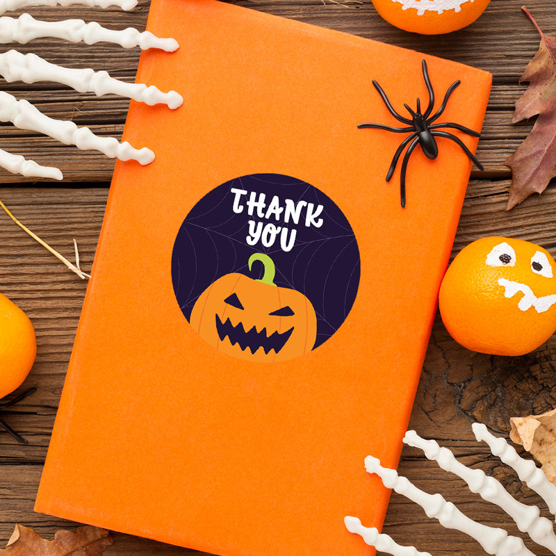 Merci, visage souriant de citrouille, autocollants d'Halloween heureux