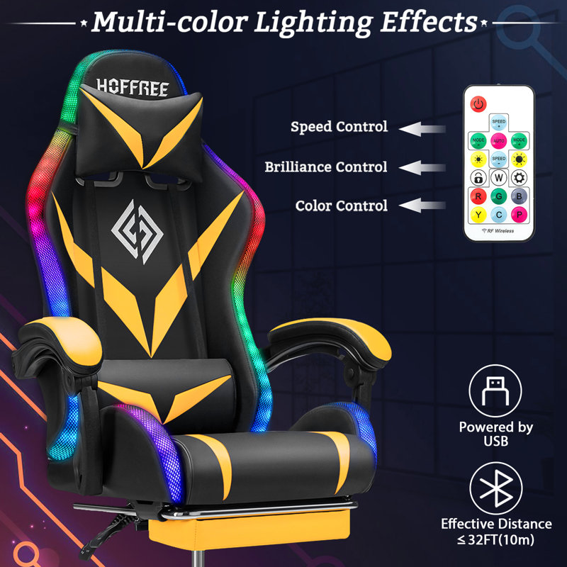 Hoffree Massage Ergonomic Gaming Chair with Bluetooth Speakers and RGB LED Lights, Yellow/Black
