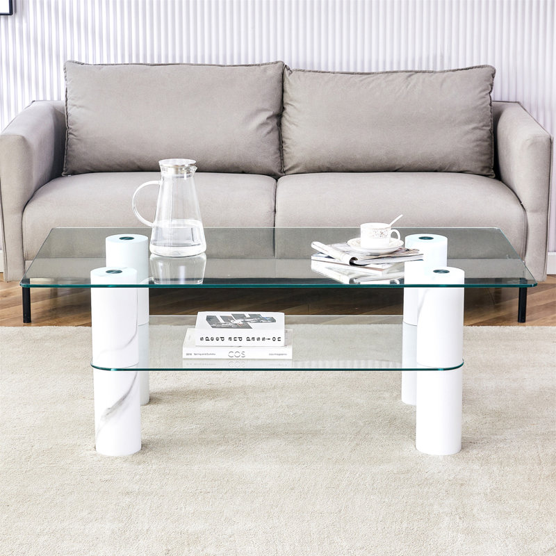 Minimalist Double-Layered Transparent Tempered Glass Computer Desk With Decorative Columns For Versatile Use