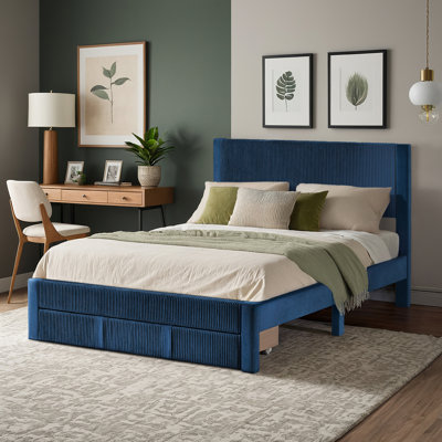 Sloan Pleated Velvet Storage Queen Platform Bed With Drawer