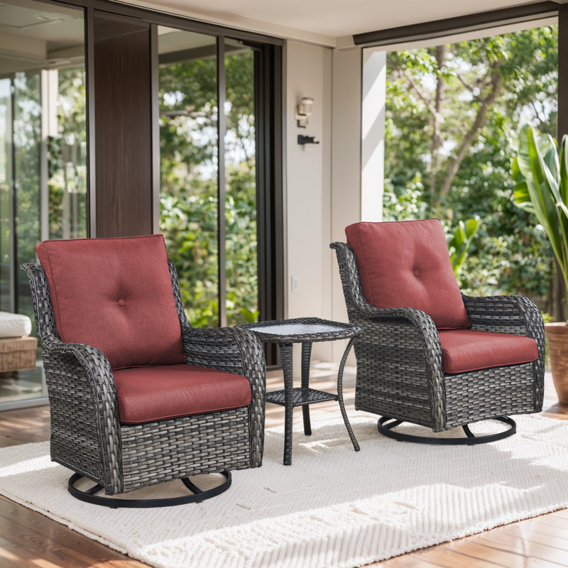 Ensemble de fauteuil oscillant et table d'appoint en osier Wendye avec coussins en oléfine résistants à l'eau, Rouge, Gris