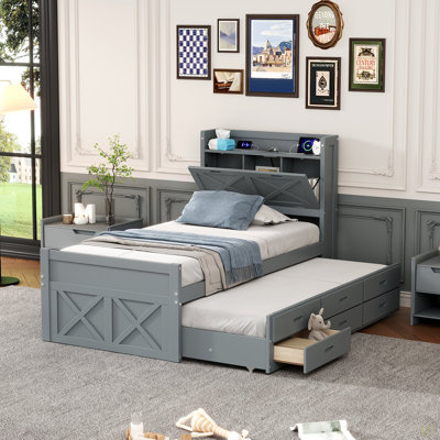 Lit simple en bois avec tête de lit avec prises de courant, lit extensible avec lit gigogne simple avec trois tiroirs de rangement