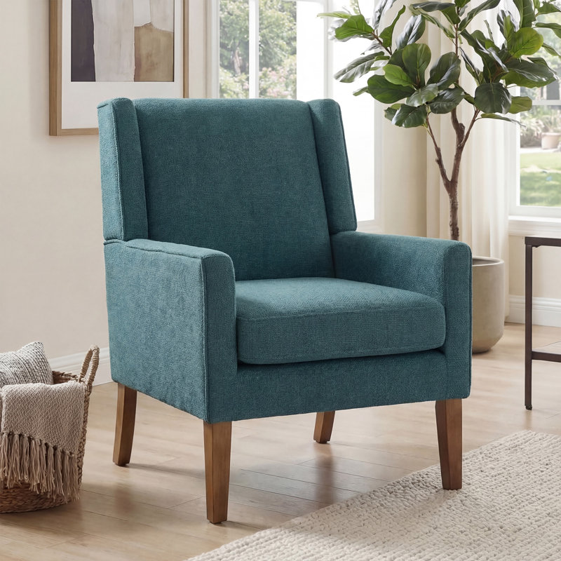 Fauteuil d'appoint rembourré en tissu avec pieds en bois massif Leston, Lin bleu sarcelle