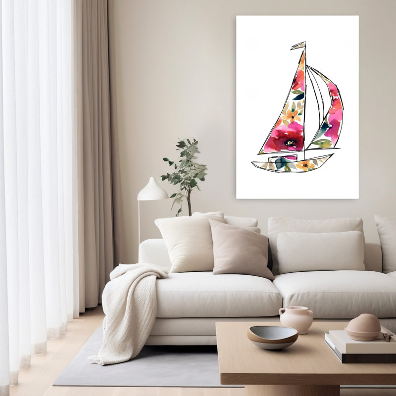 Floral, voilier 1, abstrait, coloré, côtier, art mural, 60" H x 40" W