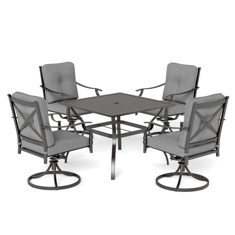 4-Person Steel Patio Dining Set With Textilene Sling Swivel Chairs And Cushions