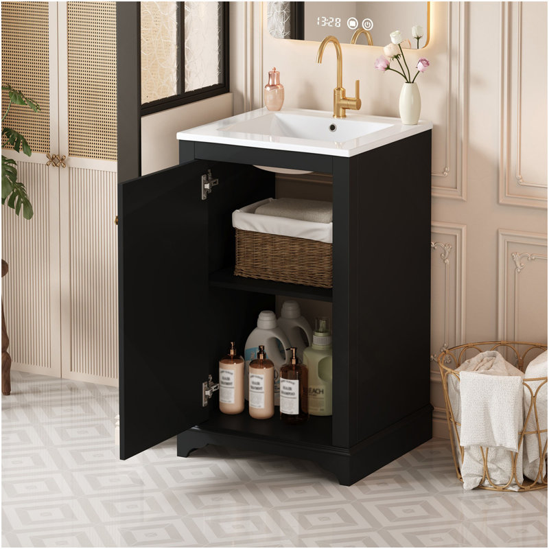 Ensemble de meuble-lavabo sur pied 20 po avec lavabo en céramique, meuble-lavabo simple autoportant avec porte à fermeture douce, tablette réglable, style moderne, noir.