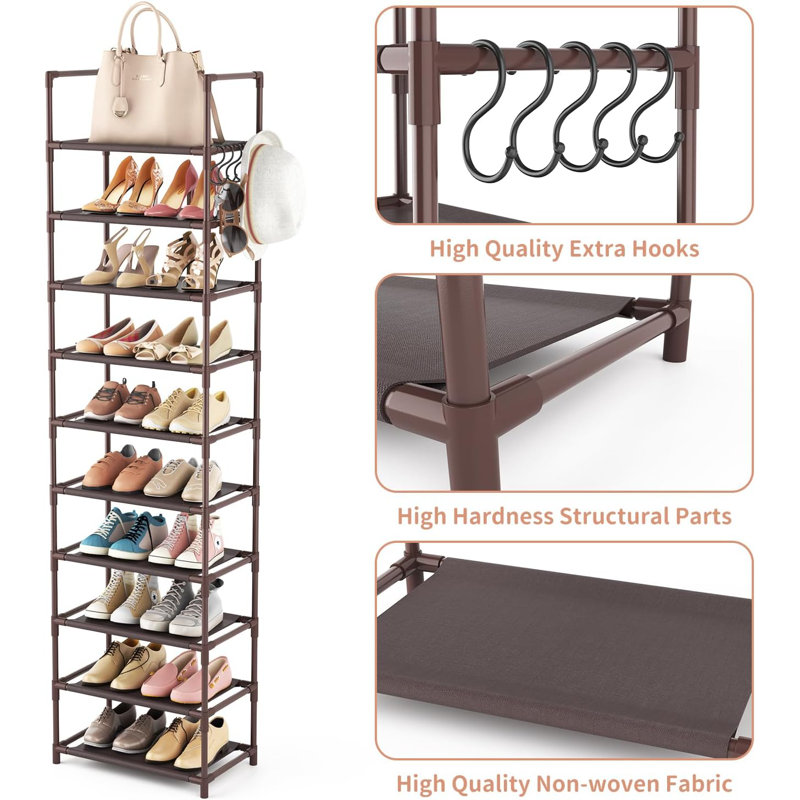 10-tier Tall Shoe Rack With Hooks Holds 20–25 Pairs Brown