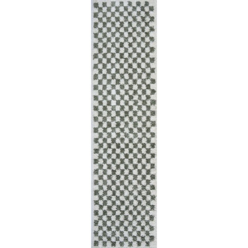 Moodi Modern Shaggy Area Rug Checkered Design, Off-White/Green, Runner 80 x 300 cm