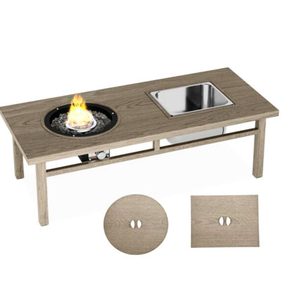 Table de foyer en aluminium beige de 119 cm (47 pouces) avec seau à glace et réservoir de gaz de 300 000 BTU, résistante aux taches et aux chocs, idéale pour la terrasse. Tuyau de gaz de 3 m (118 pouces) inclus, offrant un espace convivial pour se réunir.