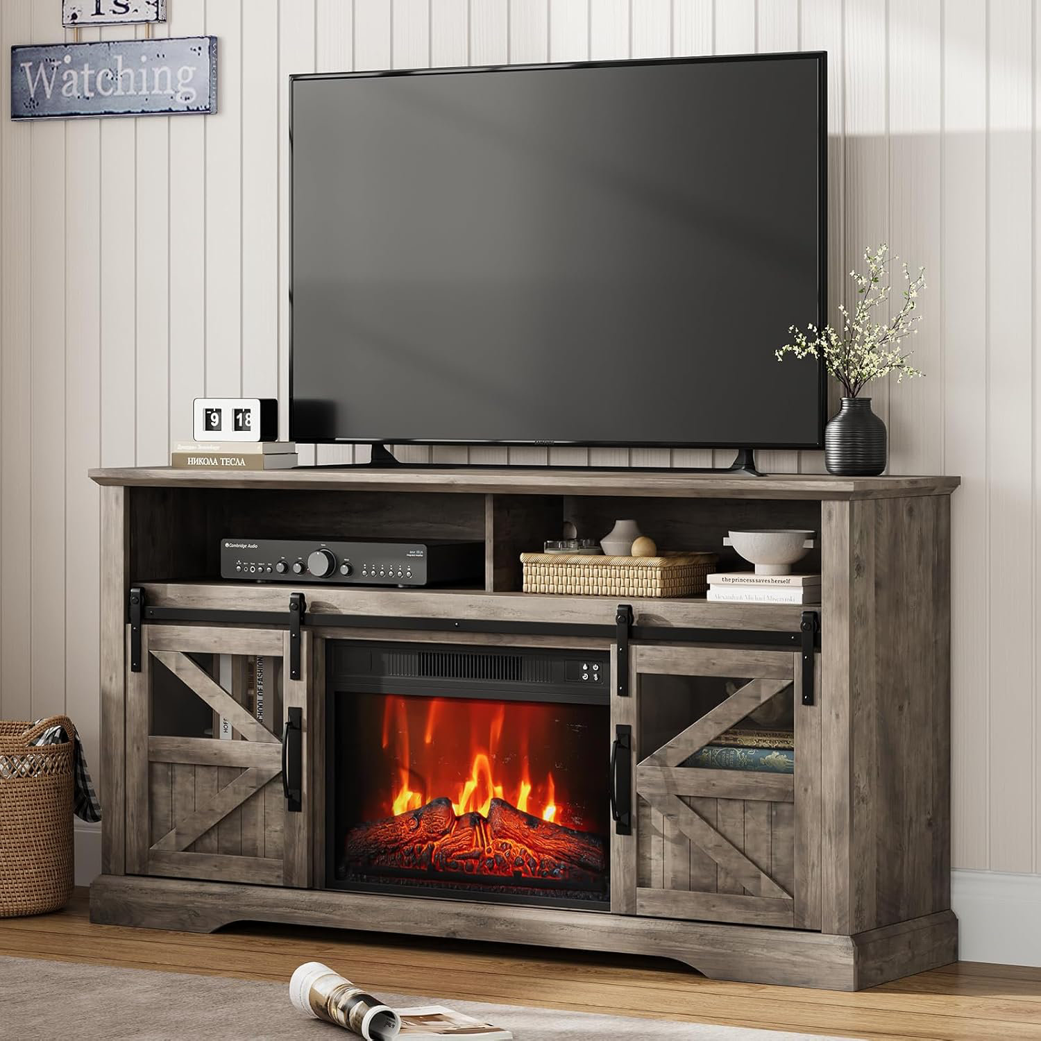 August Grove® Farmhouse Electric Fireplace Tv Stand W/ 23'' Electric