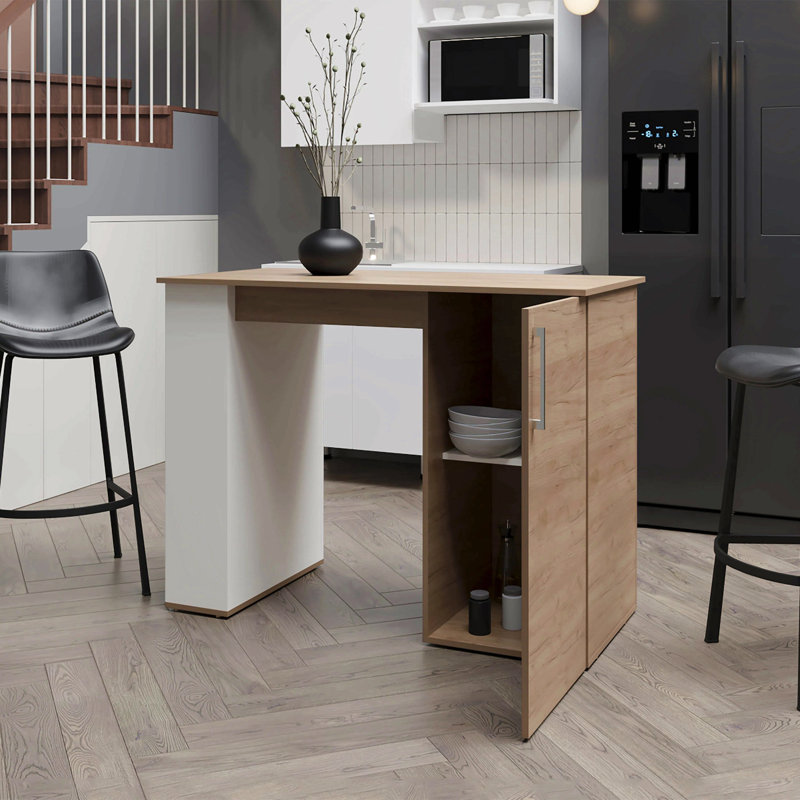 White And Natural Oak Kitchen Island With 1-Door And Open Storage