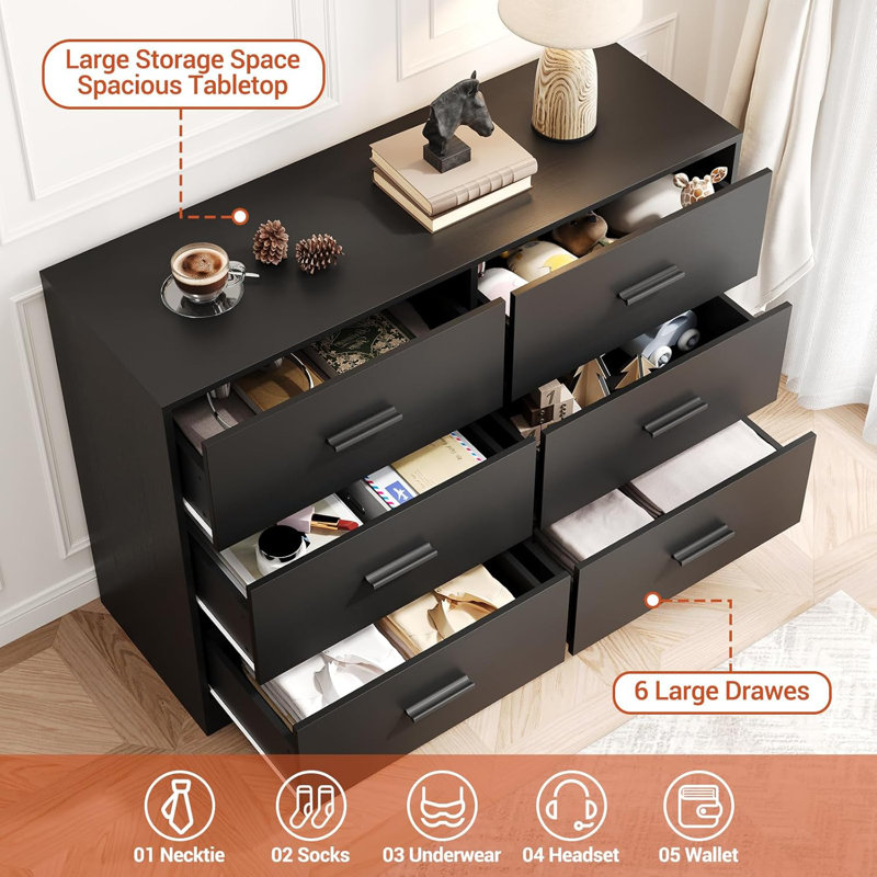 Chest of Drawers with 6 Drawers, Modern Drawer Dresser Durable Structure with Deep Drawers,Anti-Tipping Device for Home,Office, Living Room