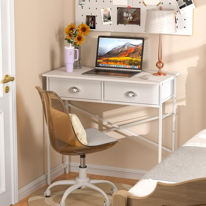 Bureau d'ordinateur blanc pour petits espaces, bureau simple avec 2 tiroirs en tissu