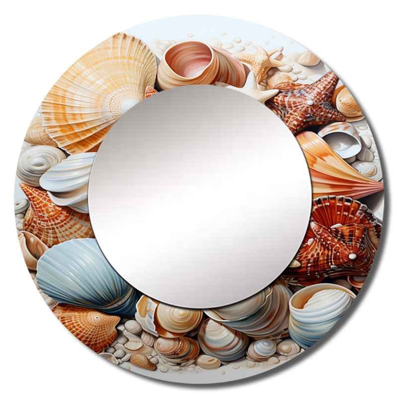 Serissa Beach Photo Seashell Beauty III - miroir mural décoratif bord de mer, miroir rond corail, impression d'art en métal