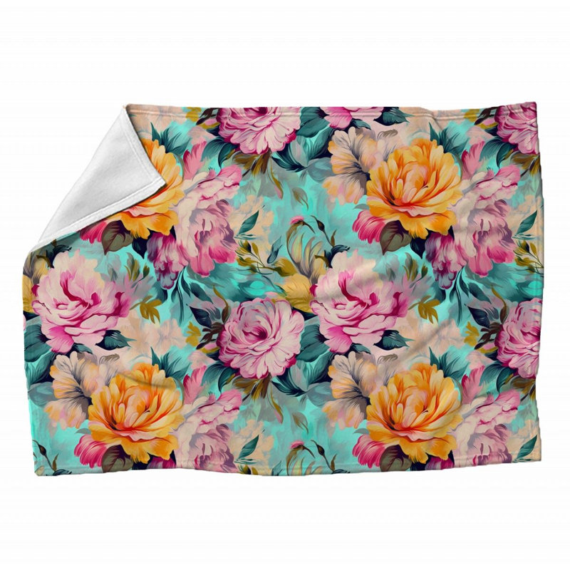 Machine Printed Throw Blanket, Throw, Floral, Teal/Pink/Green