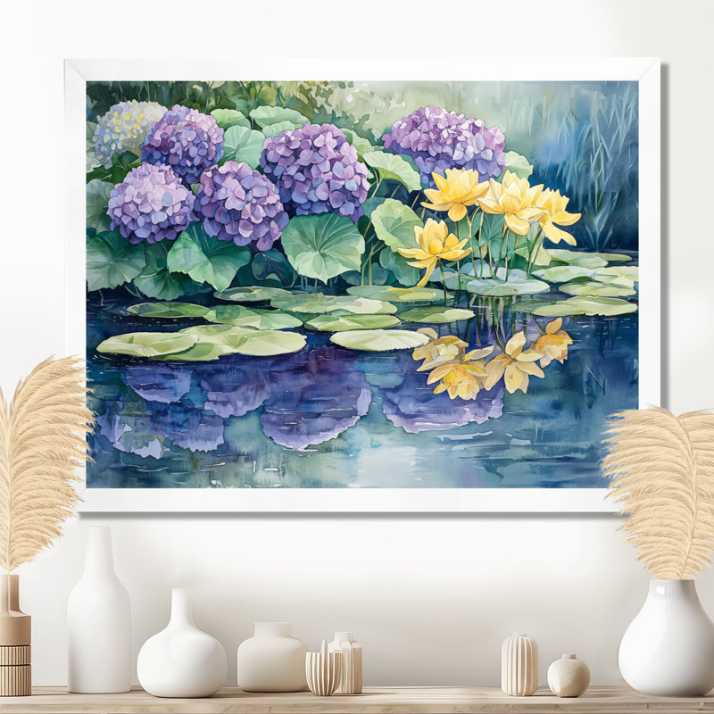 Imina hortensias et lys par le lac II - hydrangées grand art mural, H 12 po x l 20 po, Floater Framed, Blanc