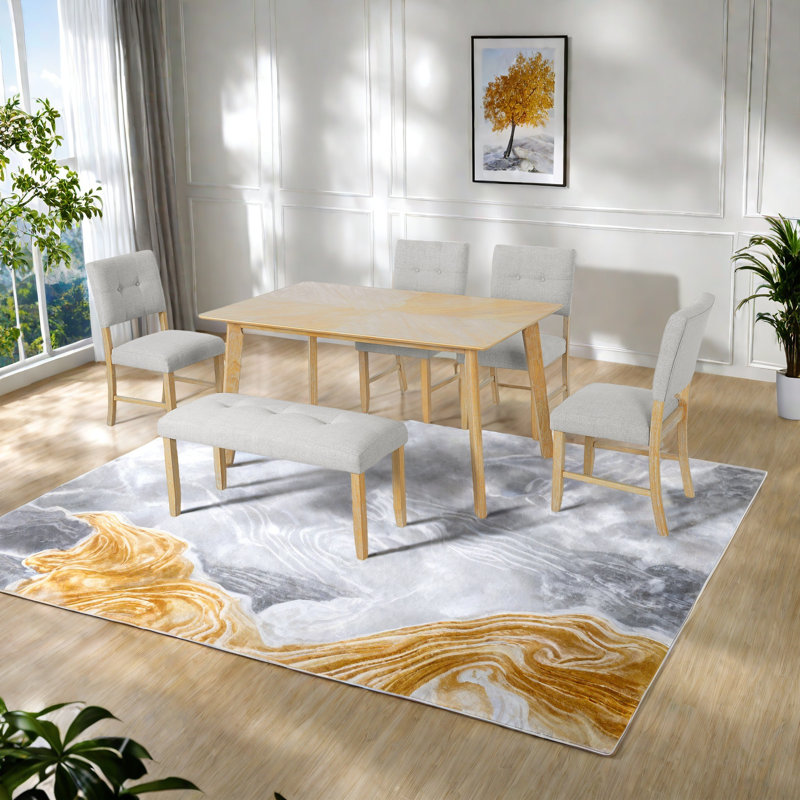 Ensemble de table de salle à manger 6 pièces, table de salle à manger rustique de style campagnard avec 4 chaises rembourrées et banc, ensemble de table de salle à manger en bois massif pour 6 personnes