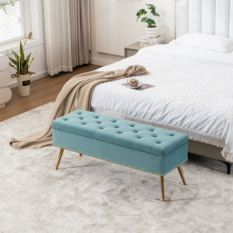 Velvet Storage Bench with Gold Legs Nailhead Trim, Upholstered Bedroom Bench for End of Bed, Green, 18" H x 46" W x 15.5" D