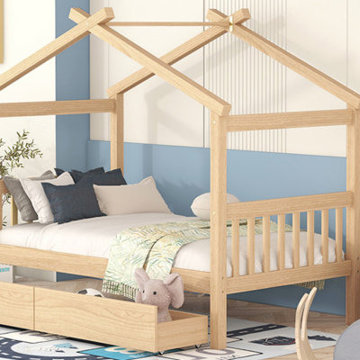 Twin Size Wooden House Bed With Twin Size Trundle