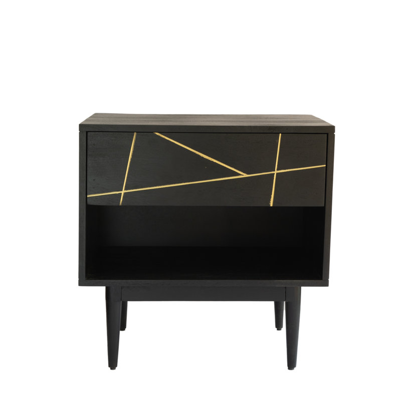 Ava 22'' Wide Solid Wood Nightstand With 1 Drawer and Open Storage, Black
