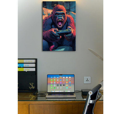 Animal Canvas Wall Art, A Gorilla Playing Games, Cyberpunk Style Picture Prints Gallery Wrapped Framed Canvas Decor For Game Room Wall, 16X24 Inch