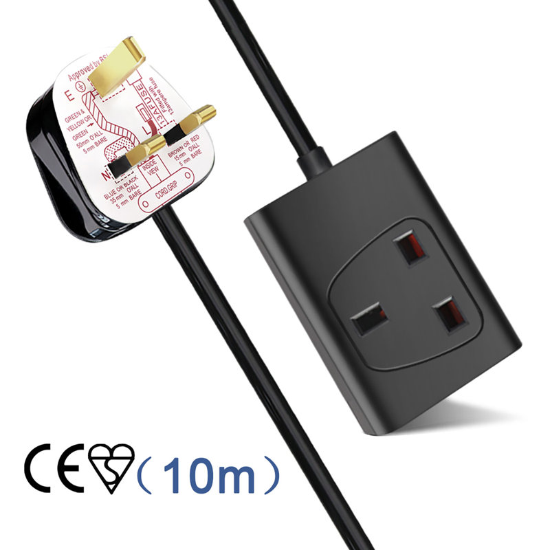 1 Gang Single Socket Extension Lead 13A UK 3Pin Plug - 10 Metre Cable, 2.5cm H x 7.5cm W x 5cm D, Matte Black