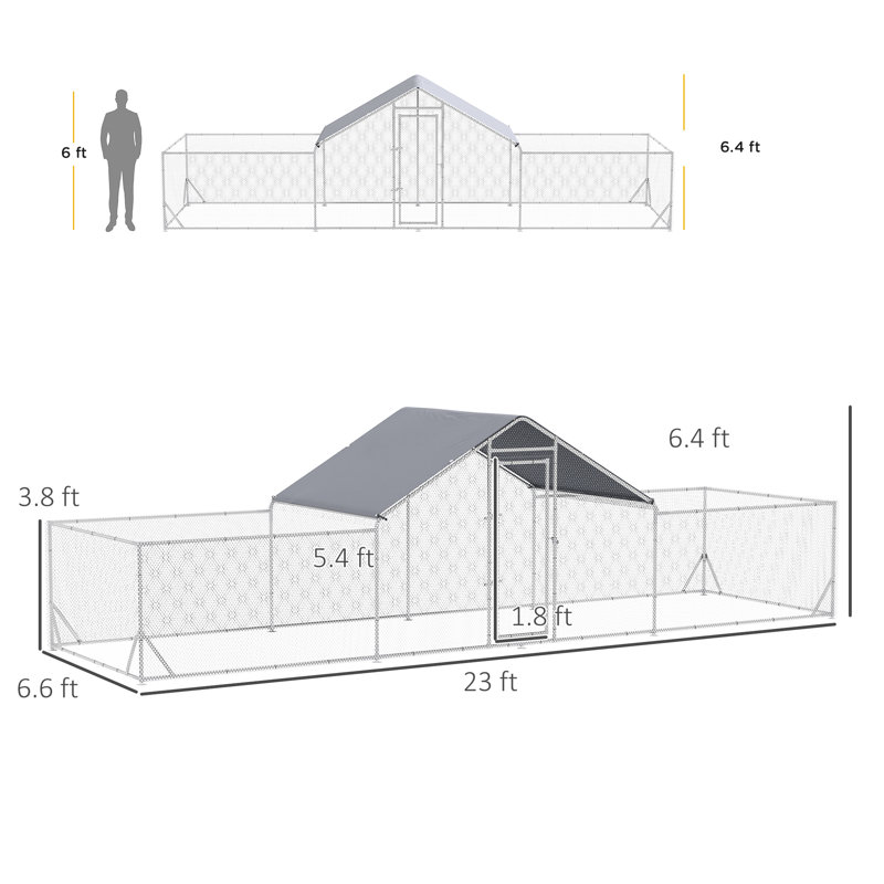 Poulailler en métal, imperméable, pour ferme, 23 pi x 6,6 pi 6,4 po, imperméable et protégé, poulet, canards, lapins,