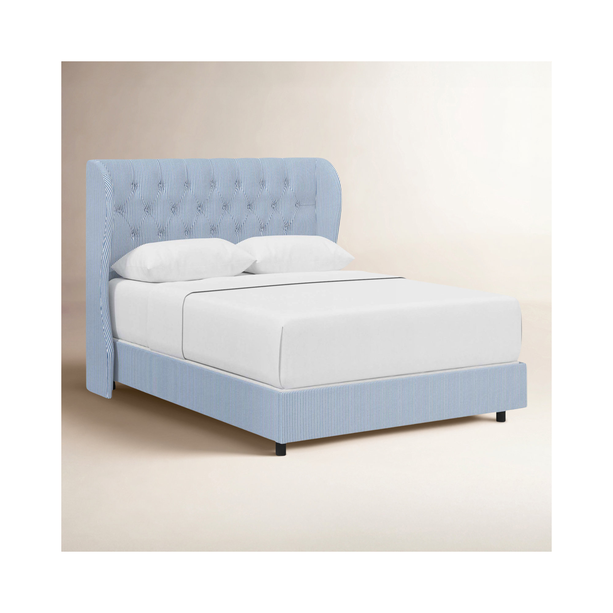 Tomey Upholstered Wingback Bed, Prep Stripe Blue, Queen
