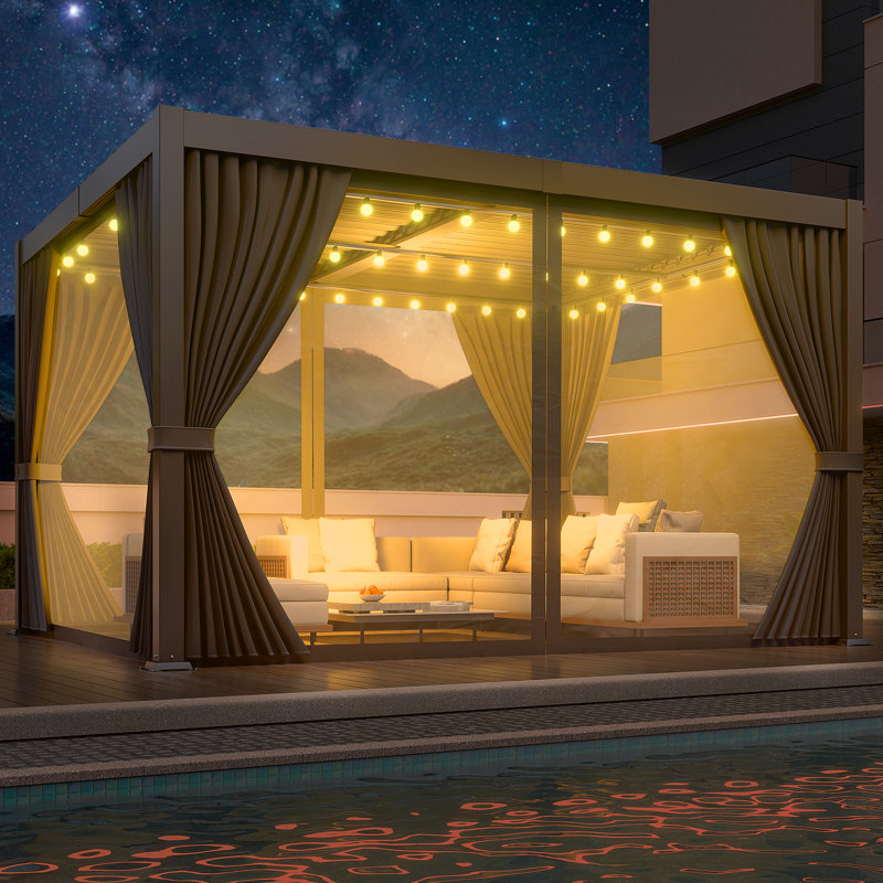 10 Ft.W X 12 Ft.D Outdoor Louvered Pergola With Adjustable Roof, Curtains, Netting And Gutter System, Metal Hardtop Gazebo For Garden, Deck, Backyard