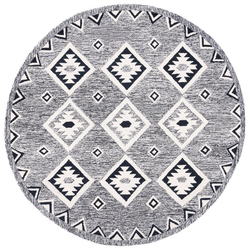 Tapis noir / gris en laine touffeté à la main Arne Southwestern, Rond 7 pi
