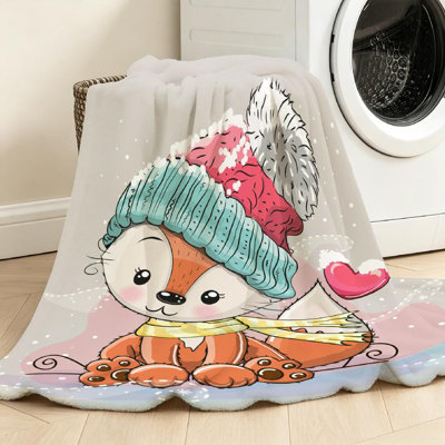 Jeté en molleton rose ultra doux, mignonne caricature d'un renard tricoté