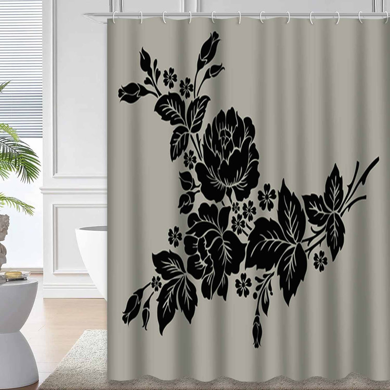 Rideau de douche rose à motif de roses avec 12 crochets, L 72 po x l 72 po