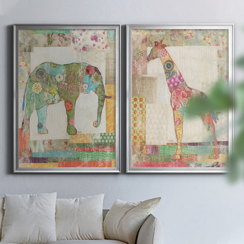 «Elephant Montage», ensemble de 2 impressions, Pas de tapis, Toile encadrée argentée, H 18,5 po x l 49 po x P 1,5 po