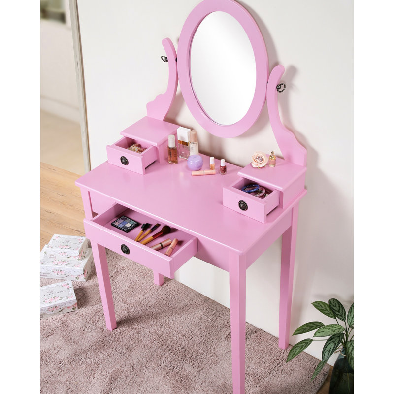 Bureau de coiffeuse Chic Chic - rangement à 3 tiroirs, miroir réglable, fabrication en bois et tiroirs à tabouret, tendance ovale, éclat